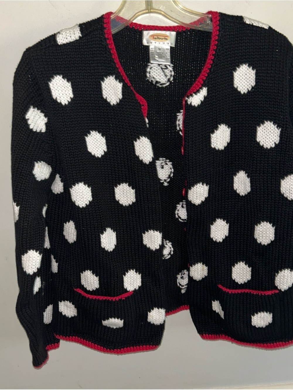 Talbots Black Polka Dot Cardigan with White Dots and Red Trim